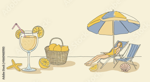 Summer beach relaxation with lemonade and sunbathing under an umbrella