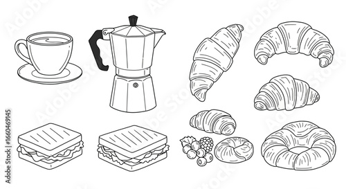 Hand drawn breakfast icons featuring croissants and coffee with espresso maker