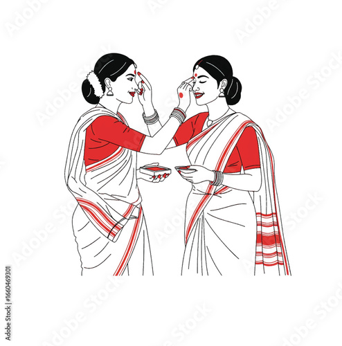 Minimalist Line Art of Sindoor Khela. An elegant and simple line art vector illustration of two Bengali women during the Sindoor Khela ritual.