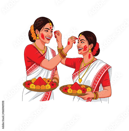 Vibrant Sindoor Khela Celebration at Durga Puja. Vector Illustration. An elegant and simple line art vector illustration of two Bengali women during the Sindoor Khela ritual. 