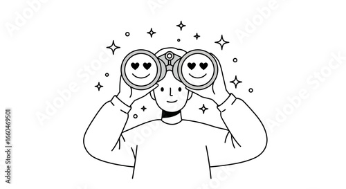Monochrome smiley binoculars: heart-inspired search adventure