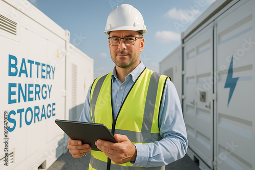 Battery energy storage engineer wearing safety helmet reflective vest using digital tablet renewable energy professional electricity infrastructure solar power grid storage system green technology ins