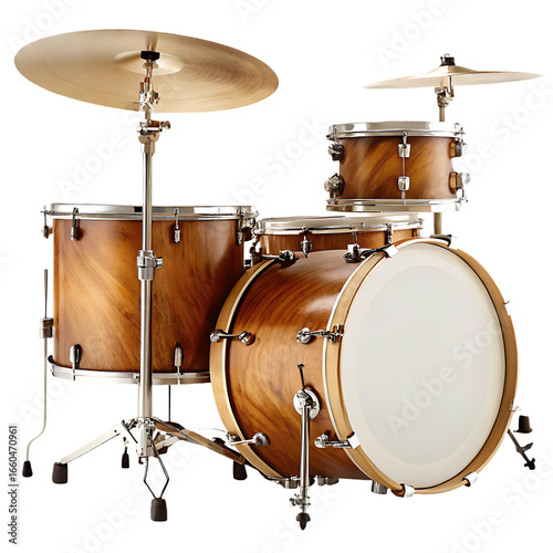 Wooden drum kit with cymbals and hardware isolated on a transparent background musical instrument