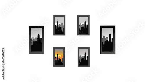 Six framed city skyline art pieces arranged in a circular pattern on a white background view from above silhouette