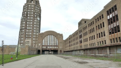 Buffalo Central Terminal, a historic former railroad station in Buffalo, New York. In use from 1928 until it was abandoned in 1979. Pan and tilt shot of the exterior along Curtiss Street.