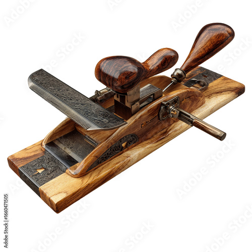 Antique wooden woodworking plane tool for carpentry isolated on transparent background