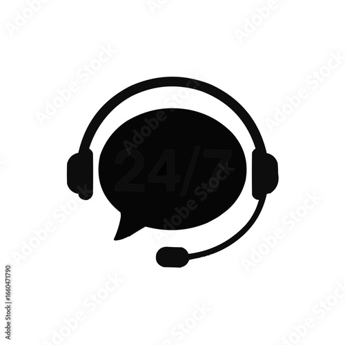Black headset with microphone and speech bubble displaying twenty four seven service symbol icon on transparent background