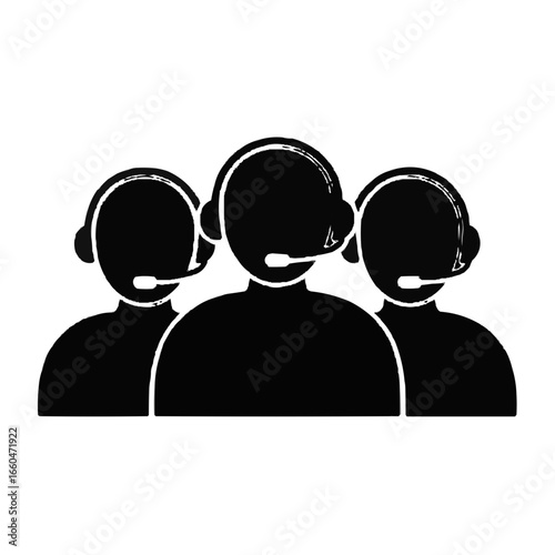 Silhouette illustration of three customer service representatives wearing headsets online support team on transparent background