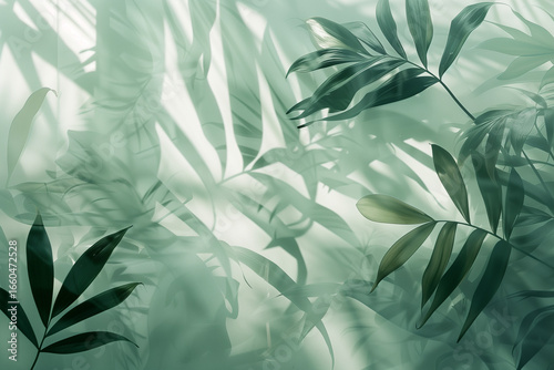 Abstract shadows of tropical leaves cast on frosted glass, creating a minimal and elegant background.