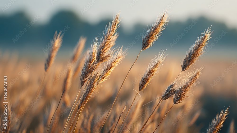 Fototapeta premium Golden Wheat Field At Sunrise. Tranquil Rural Landscape With Soft Morning Light
