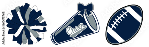 Cheerleading illustration. Dallas Cheerleader Pom-poms, a Football and a Megaphone. Dark Blue and Grey Vector cheerleading illustration.