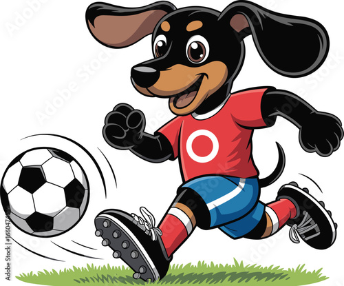 Cartoon dachshund dog playing soccer, cute animated puppy kicking football, children sports mascot, funny illustration for kids, vector artwork