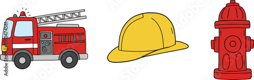 Cartoon firefighter equipment set – fire truck, helmet, and hydrant vector for kids and safety education