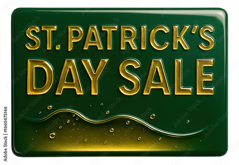 Fototapeta premium Glossy green tag sticker with ST. PATRICK'S DAY SALE! promotion in bold text, festive retail offer on transparent background.