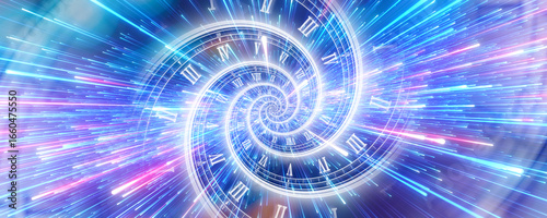 Abstract time spiral with glowing neon light trails. Concept of Infinite time, deadline, scheduling, time and space, time travel, relativity, future technology, past, present and future.