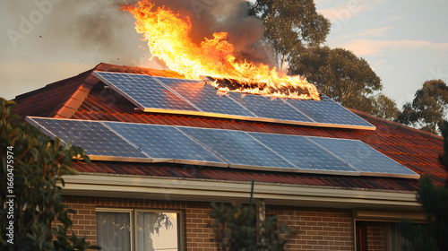 Burning solar panels, shows flames, destruction.  Depicts danger and fire damage for news, insurance, disaster planning, and awareness.