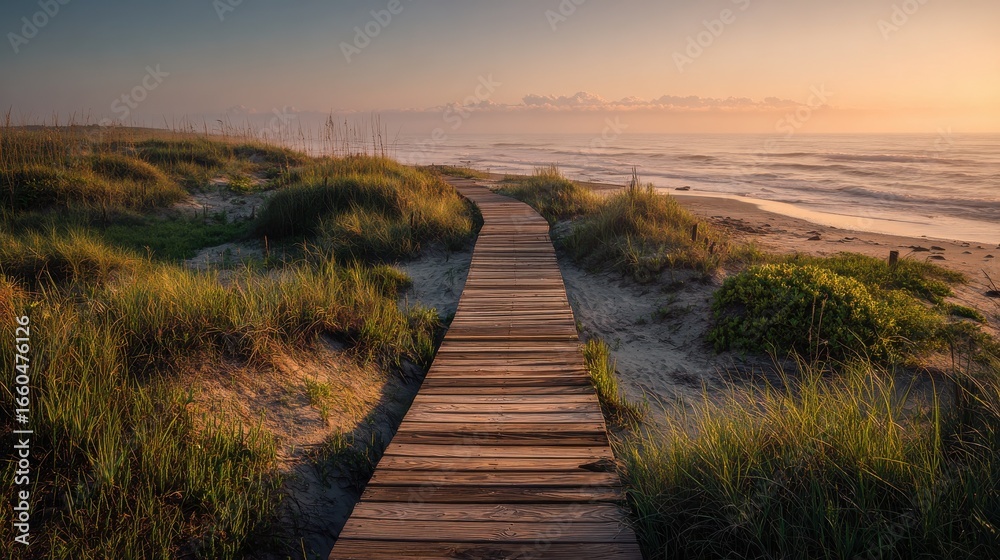 Obraz premium boardwalk on beach at sunrise no logos no brands ar 169