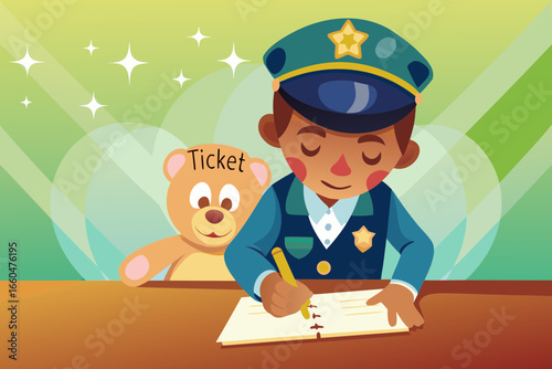 Boy in police uniform seriously writing “ticket” in notebook, teddy bear sitting opposite