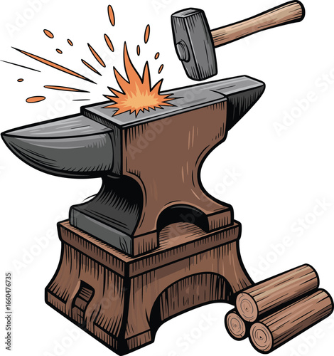 Traditional blacksmith anvil illustration with hammer and sparks on wooden stand