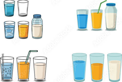 Set of colorful drinks in glasses with juice cocktails and beverages