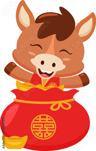 Happy Cute Chinese New Year Horse Cartoon Character In Lucky Red Bag Full Of Gold Ingots – Vector Illustration Flat Design Isolated On Transparent Background