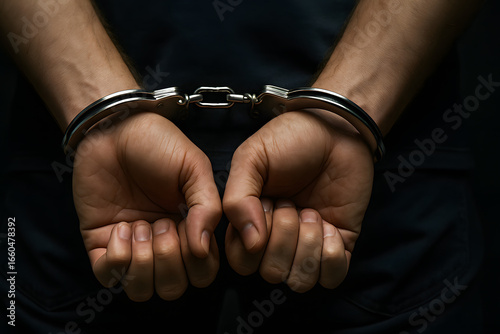 Close up of male hands in steel handcuffs, prisoner arrest concept, crime suspect captured, criminal justice system, punishment and law enforcement detail, dark background detention and imprisonment s