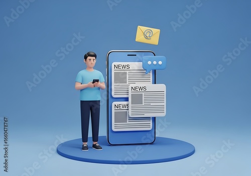 3D Render of Man Using Mobile Phone to Read News Articles and Receive Email Updates on Blue Background