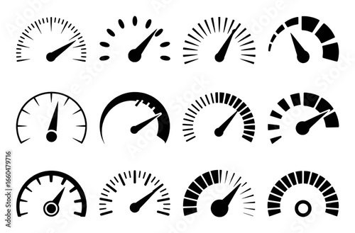 Collection of Twelve Black Speedometer and Gauge Icons