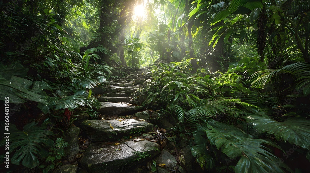 Obraz premium Explore the lush green jungle trail: a journey through tropical rainforest vegetation and sunlight path