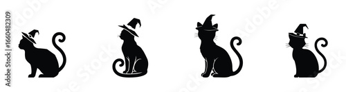 Halloween Vector silhouette illustration of a cute cat with a flaming tail, and a separate smoky fire flame set