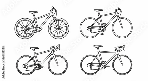 Simple bicycle outline vector illustrations collection in modern minimal style for eco-friendly transport, cycling, and sports lifestyle concepts.
