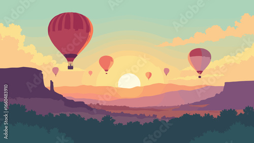 Albuquerque, New Mexico – Sandia Mountains and hot air balloons at sunrise, palette: adobe, balloon red, sky gold, mesa green