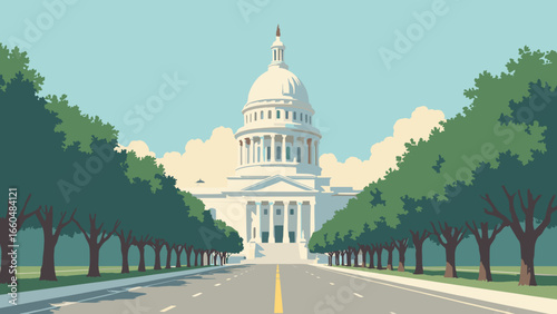 Sacramento, California – State Capitol dome with Capitol Mall avenue and poplar rows, palette: capitol white, poplar green, boulevard gray, gold