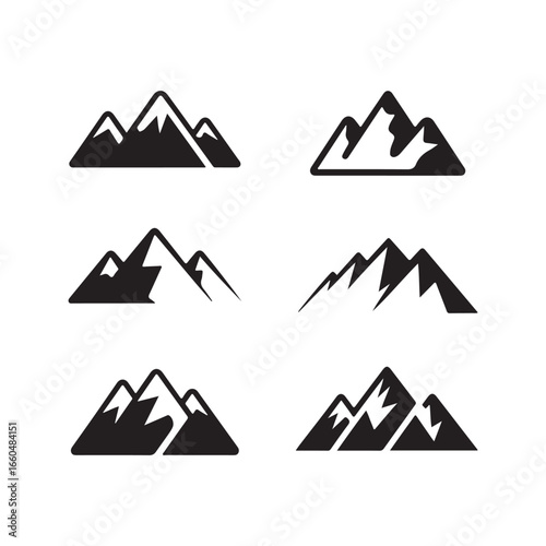 Six black and white mountain icons for diverse design projects.This image features six simple, stylized mountain icons in black silhouette against a white background.