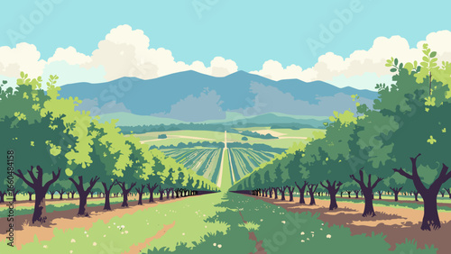 Fresno, California – Orchard rows and mountain vista with irrigation lines, palette: orchard green, soil brown, sky azure, blossom white