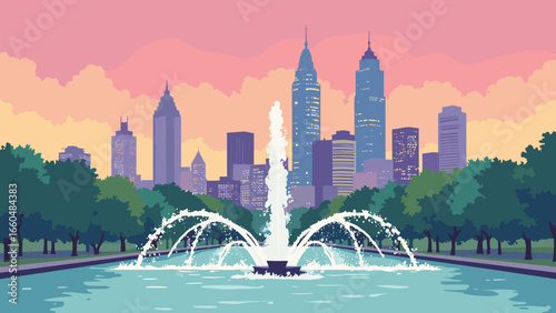 Atlanta, Georgia – Midtown skyline with Centennial Olympic Park fountain arcs, palette: tower steel, fountain white, moss green, sunset pink