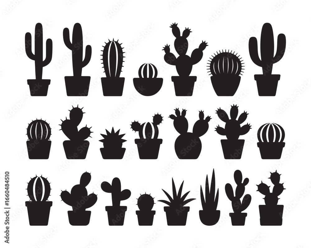 Fototapeta premium Black Silhouette Collection Of Various Potted Cacti And Succulents cactus plant