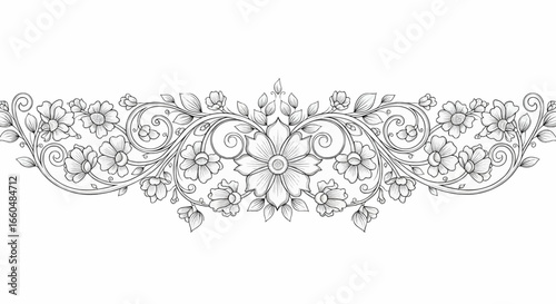 Elegant decorative floral border seamless vector pattern with detailed roses and leaves design for invitations, wedding decoration, and vintage ornamental artwork.