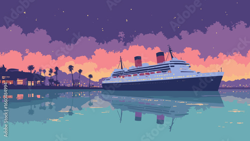 Long Beach, California – Queen Mary silhouette and marina reflections at dusk, palette: ship white, harbor teal, twilight purple, rust