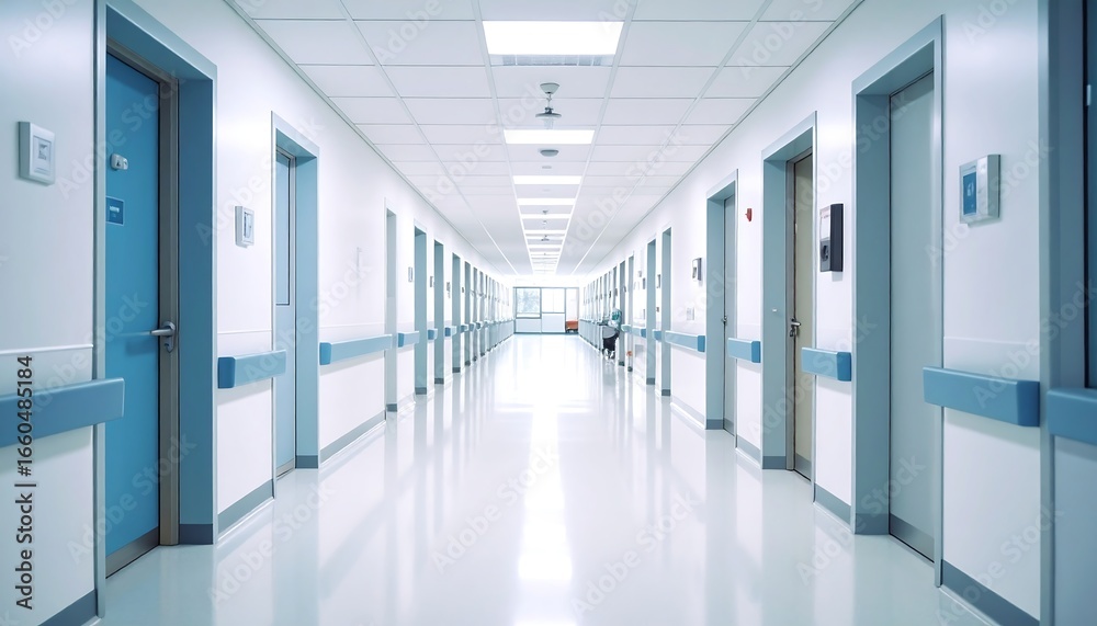 Fototapeta premium Sterile hospital corridor with doors and bright lighting