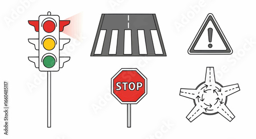Traffic control signs vector icons collection including stop sign, traffic light, pedestrian crossing, and warning triangle for road safety illustrations.