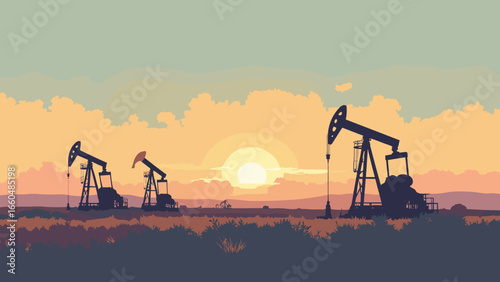 Bakersfield, California – Oil pump jacks at golden hour over agricultural plains, palette: oil black, wheat gold, sky peach, sage