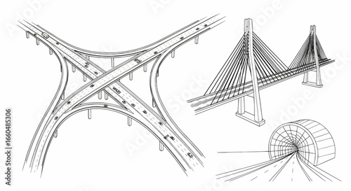 Detailed vector illustration of architectural bridge structure with abstract geometric steel design for construction and engineering projects.