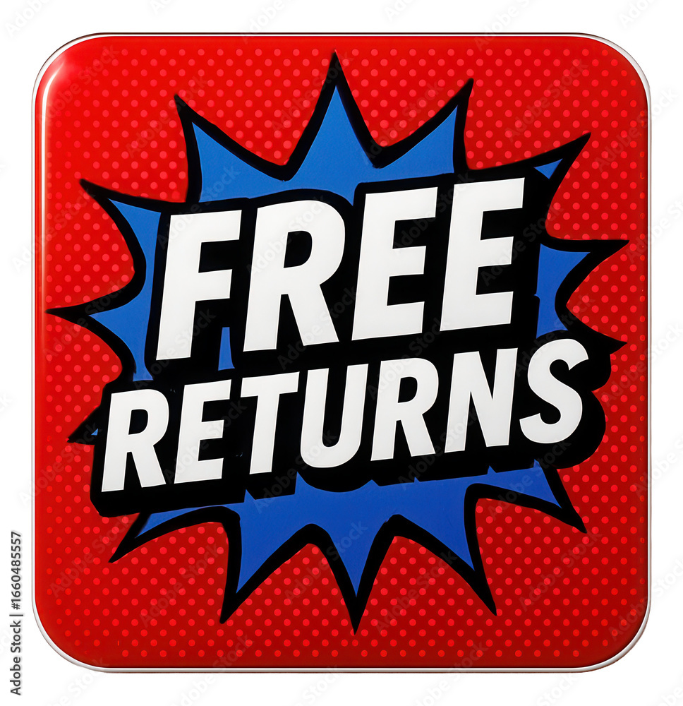 Fototapeta premium Bold blue burst sticker featuring FREE RETURNS offer in eye-catching comic style, attractive retail promo on transparent background.