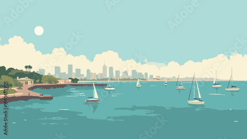 San Diego, California – Coastal harbor with Coronado skyline and sail silhouettes, palette: ocean teal, pier brown, sun white, sky blue