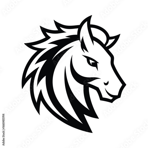 Energetic stallion head logo in sharp profile view with detailed black outline Vector illustration