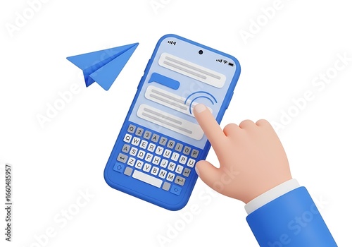 Sending a Message with a Smartphone A Blue Cartoon Style Illustration of Communication with Paper Airplane on White Background