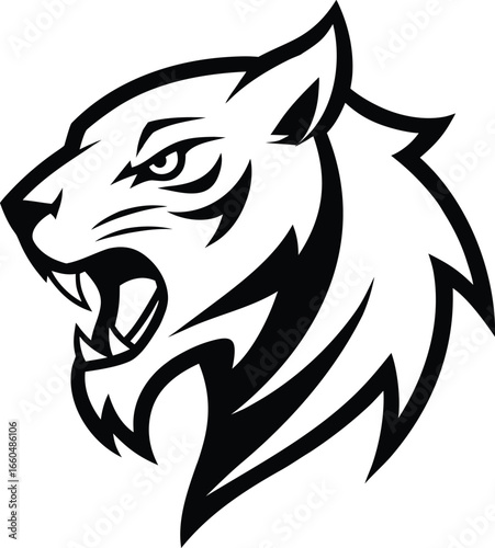 Energetic tiger head logo in sharp side profile with bold black outlined details Vector illustration