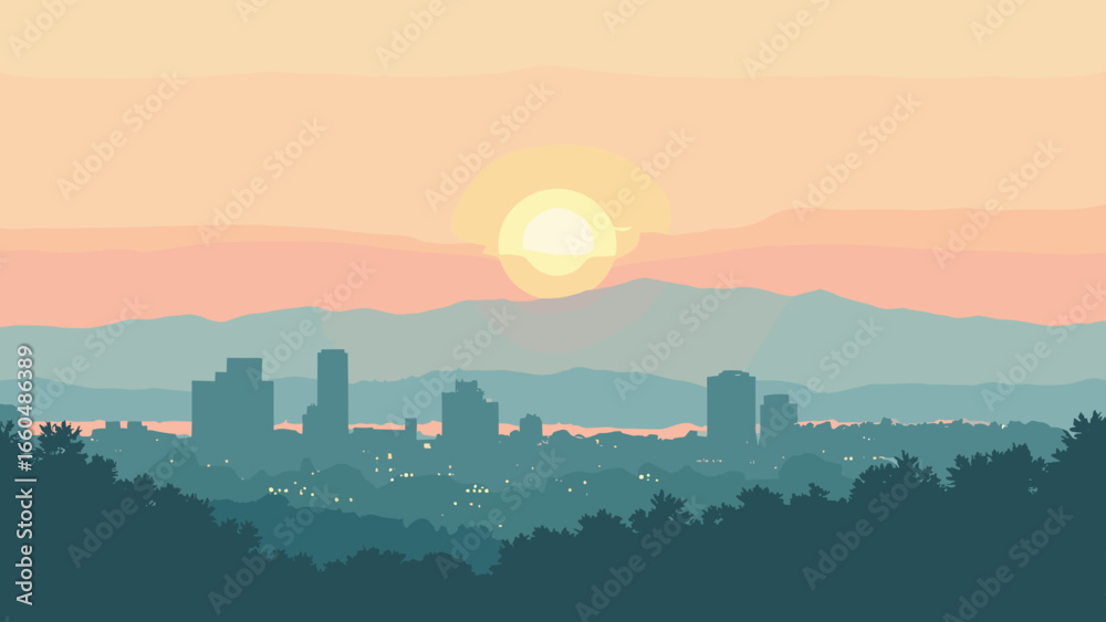 Obraz premium San Jose, California – Tech campus geometry with foothill backdrop at sunrise, palette: silicon gray, sage green, sky peach, chrome