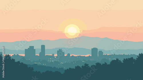 San Jose, California – Tech campus geometry with foothill backdrop at sunrise, palette: silicon gray, sage green, sky peach, chrome